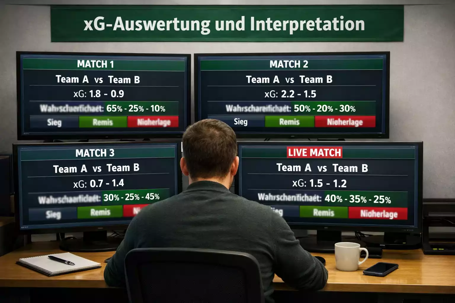Fußballanalyst studiert xG-Daten und Statistiken auf mehreren Monitoren