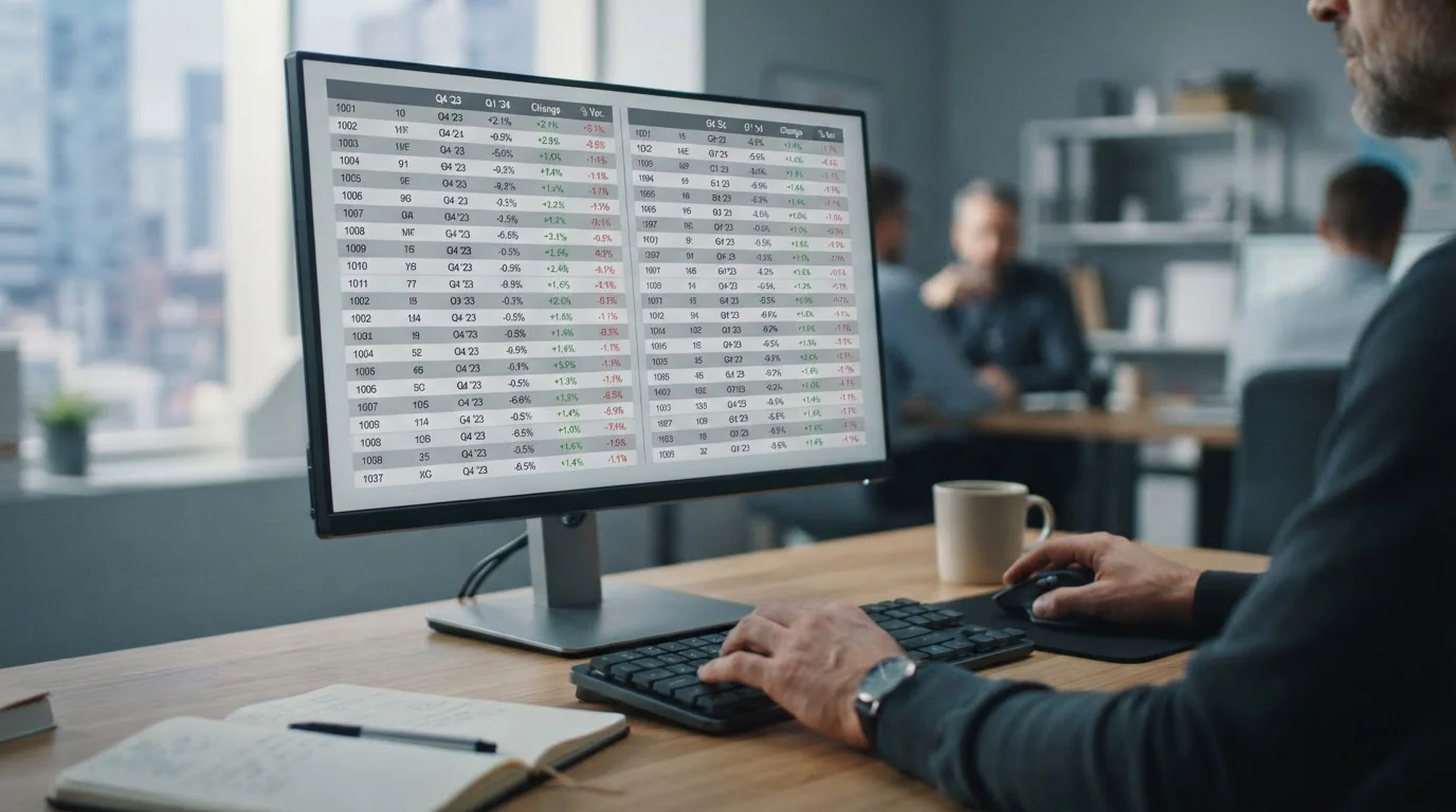Vergleichende Analyse von Wettanbietern auf einem Monitor mit abstrakten Datentabellen