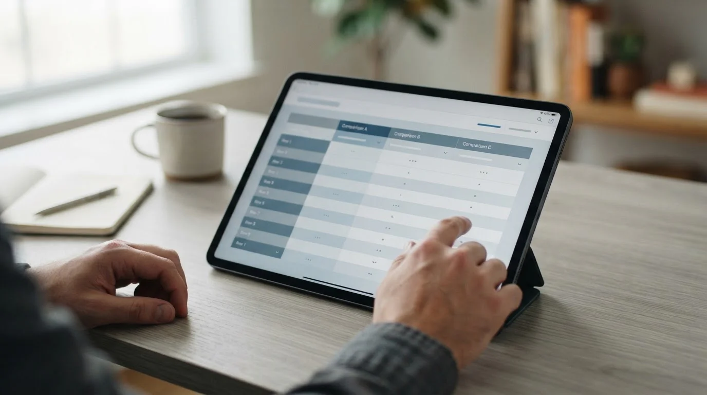 Tablet-Bildschirm zeigt abstrakten Vergleich verschiedener Wettanbieter-Modelle