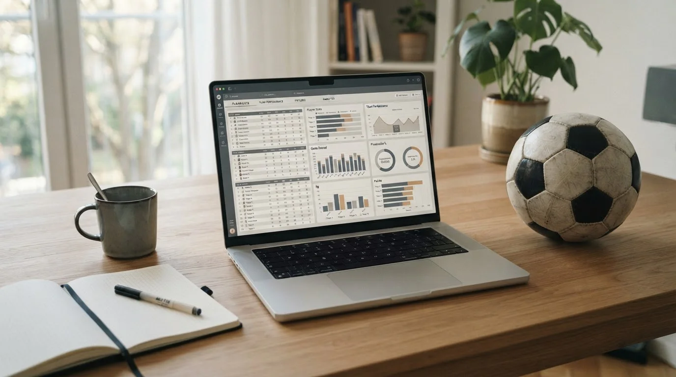 Analyse von Bundesliga-Wettquoten auf einem Laptop mit Fußball im Hintergrund