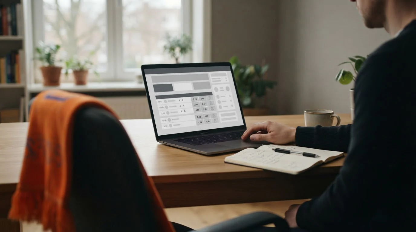 Laptop mit Eredivisie-Wettquoten und Notizen auf einem Schreibtisch