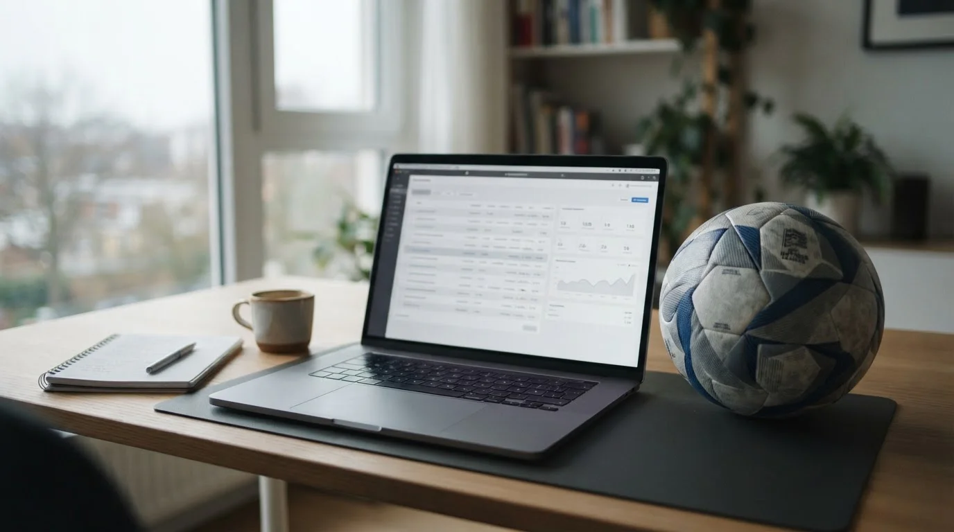 Vergleich von Nations-League-Wettanbietern auf einem Laptop mit Fußball im Hintergrund