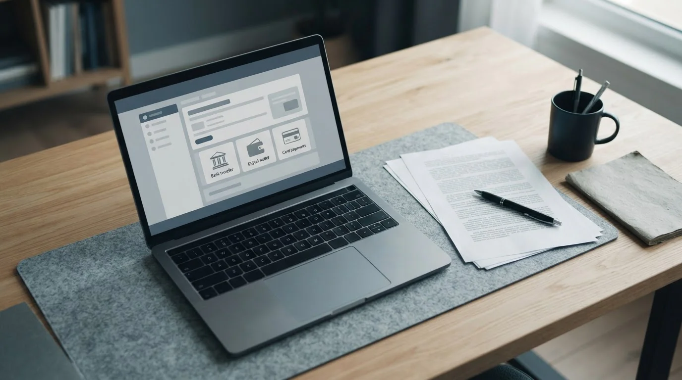Analytischer Arbeitsplatz mit Laptop und neutraler Wettplattform-Oberfläche, die PayPal als Zahlungsoption zeigt