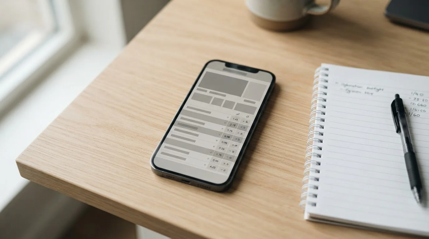 Smartphone mit neutraler Wett-App-Oberfläche auf schlichtem Schreibtisch neben Notizblock