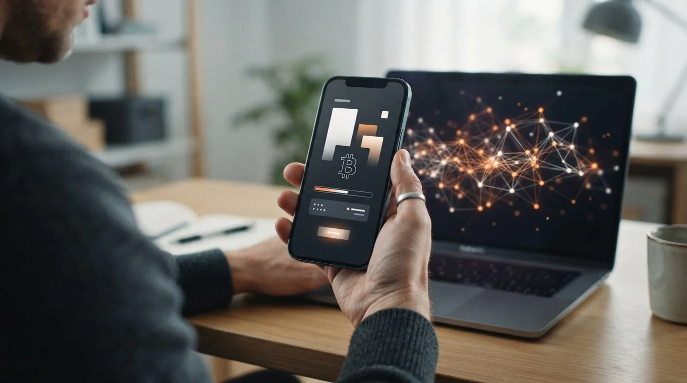 Smartphone zeigt Bitcoin-Transaktion mit abstraktem Blockchain-Netzwerk im Hintergrund
