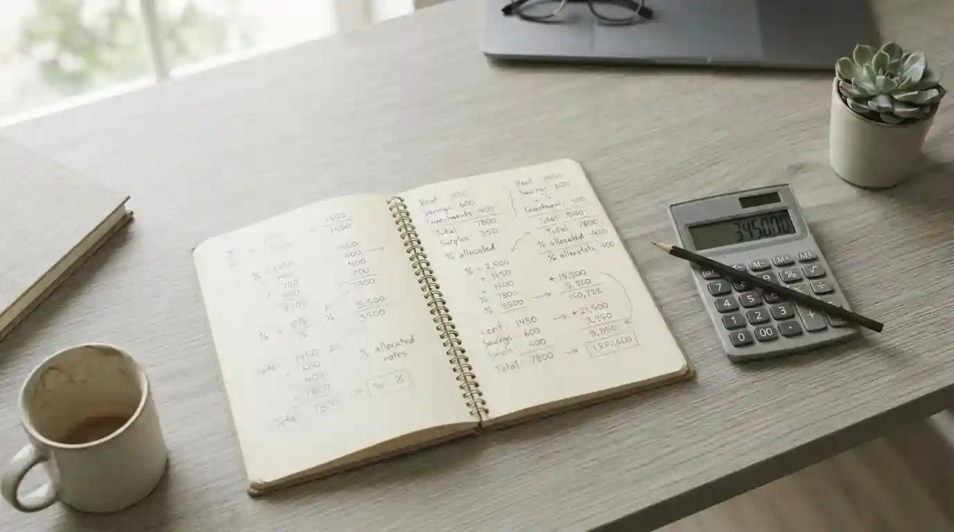 Taschenrechner und Notizen zur Bonusberechnung auf dem Schreibtisch
