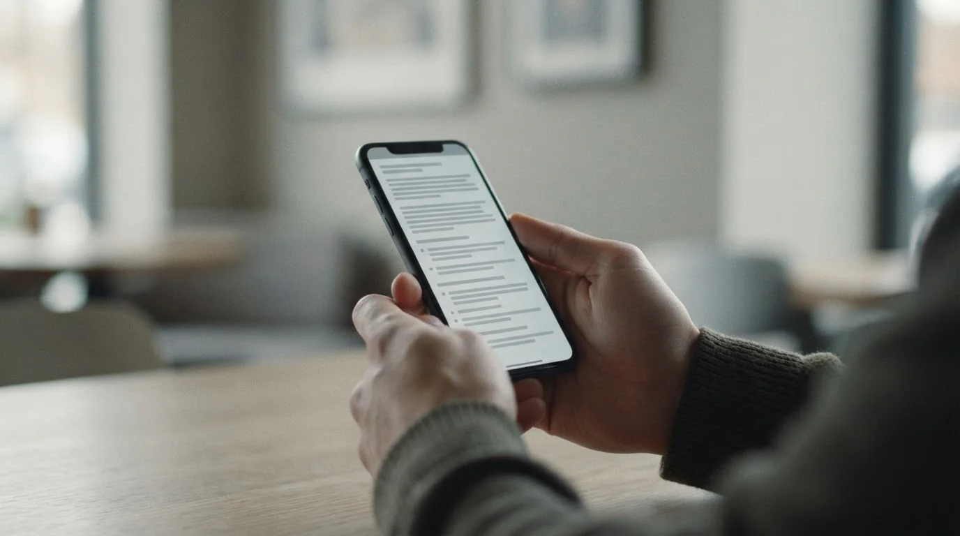 Person liest Bonusbedingungen auf einem Smartphone-Display