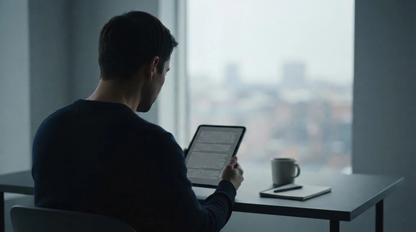 Person liest Bonusbedingungen auf Tablet-Bildschirm