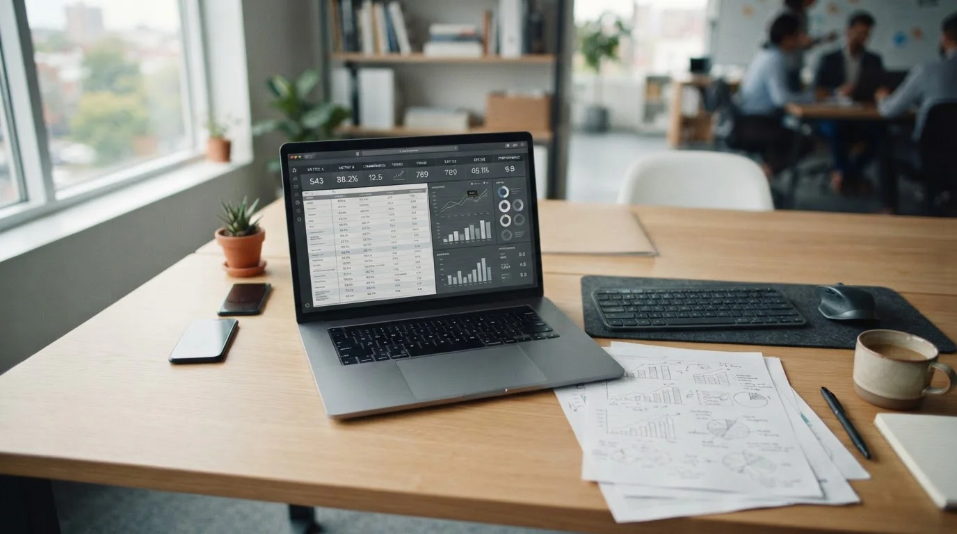 Vergleich von Sportwetten-Anbietern am Laptop mit neutralen Daten und Tabellen