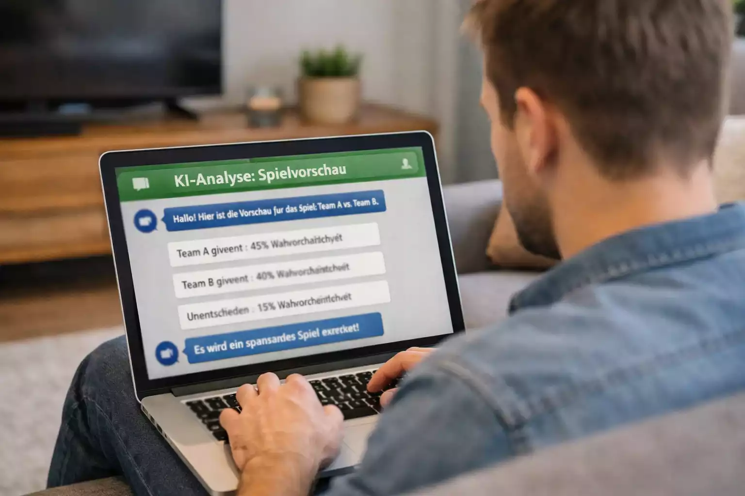 Person nutzt einen KI-Chatbot für Fußballanalyse auf dem Laptop