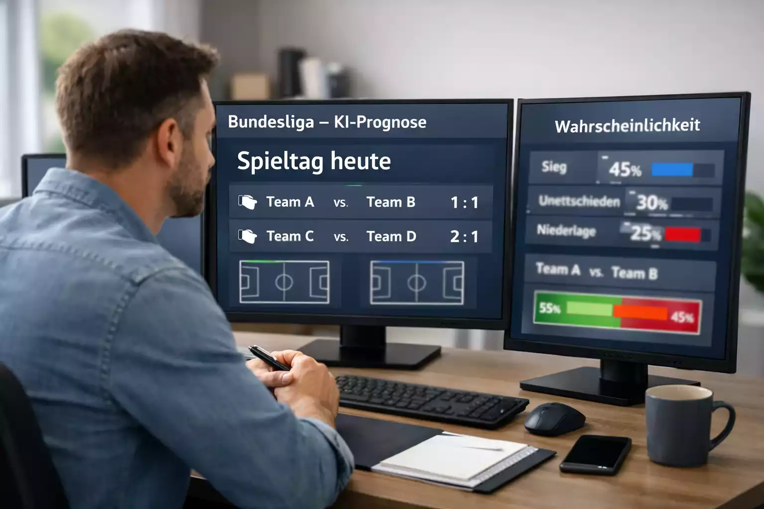 Analyst vor Bildschirmen mit Fußballstatistiken und Leistungsdaten