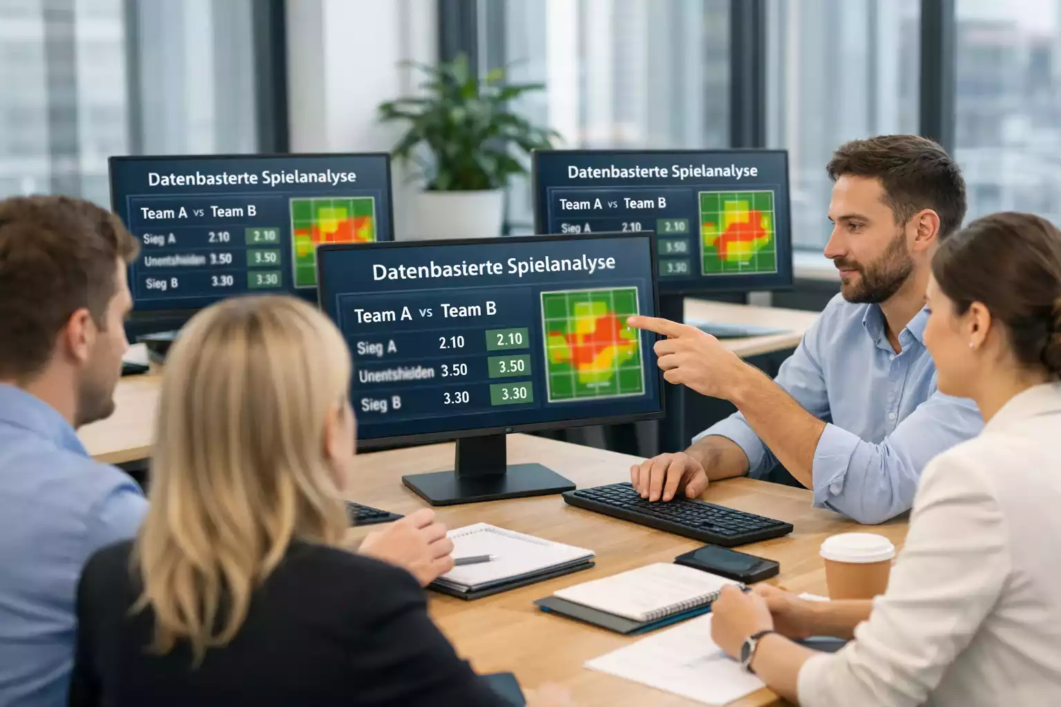 Analyseteam arbeitet mit modernen Datenvisualisierungen an großen Bildschirmen