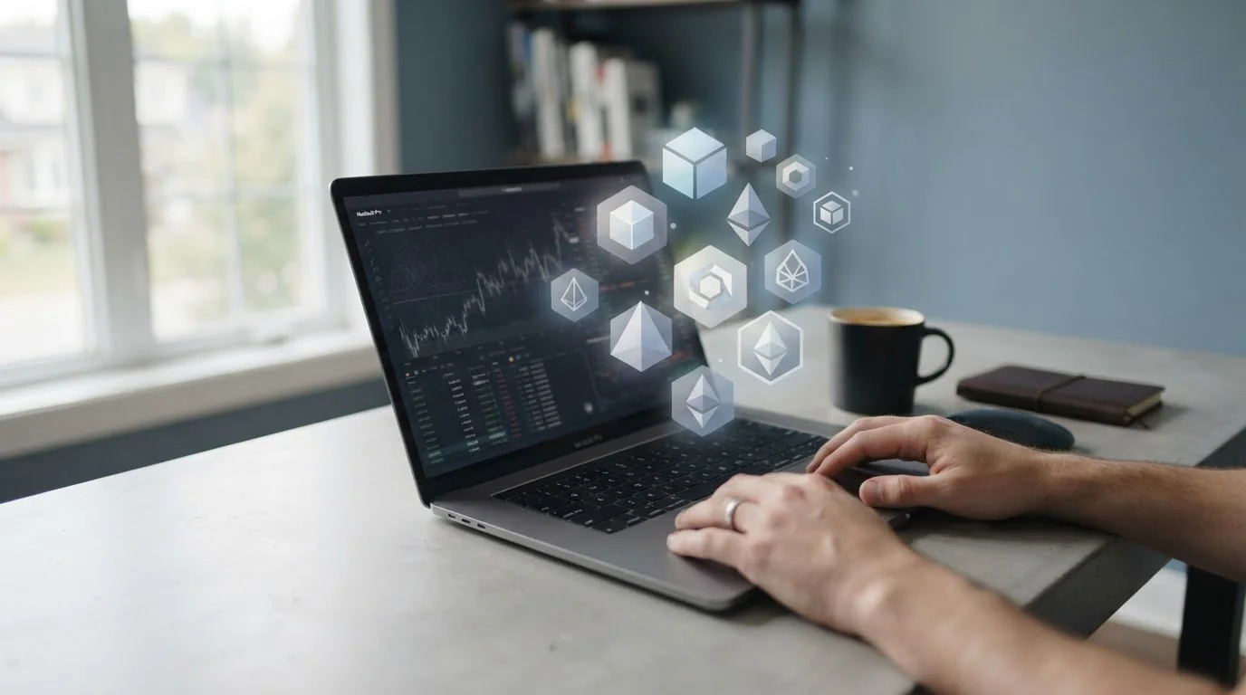 Digitale Kryptowährung-Symbole schweben über einer modernen Tastatur mit gedämpftem Licht