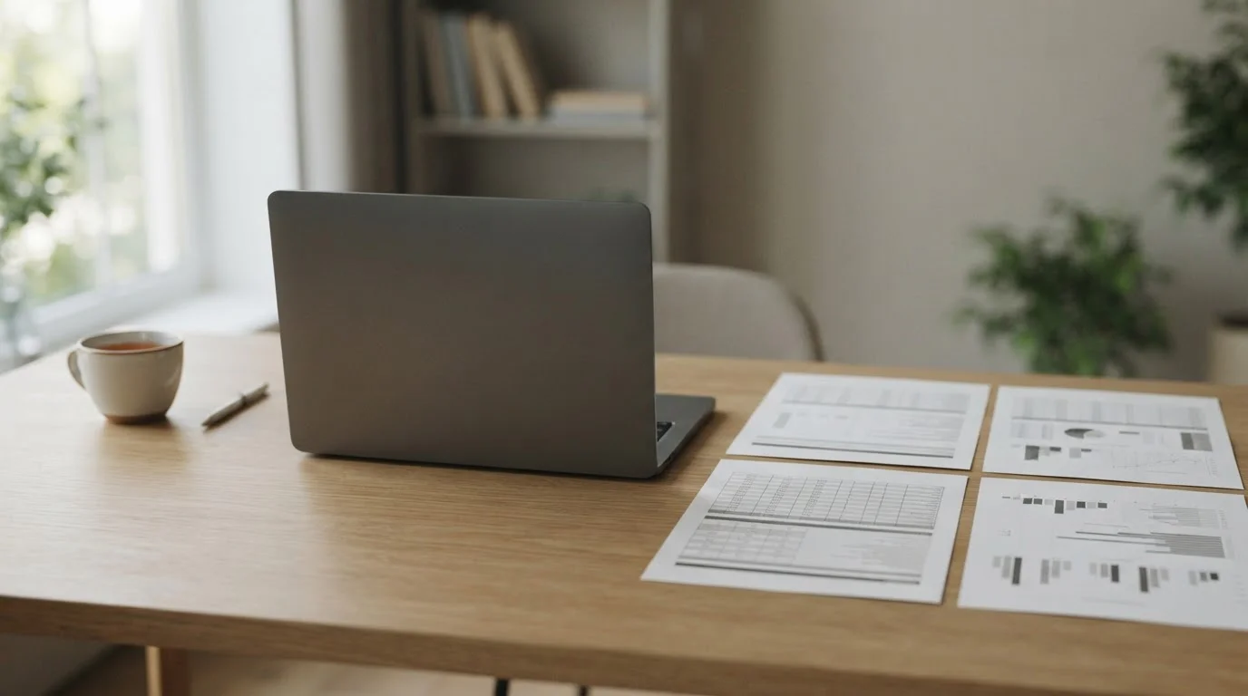 Neutraler Arbeitsplatz mit Laptop und Dokumenten zum Vergleich von Wettanbietern