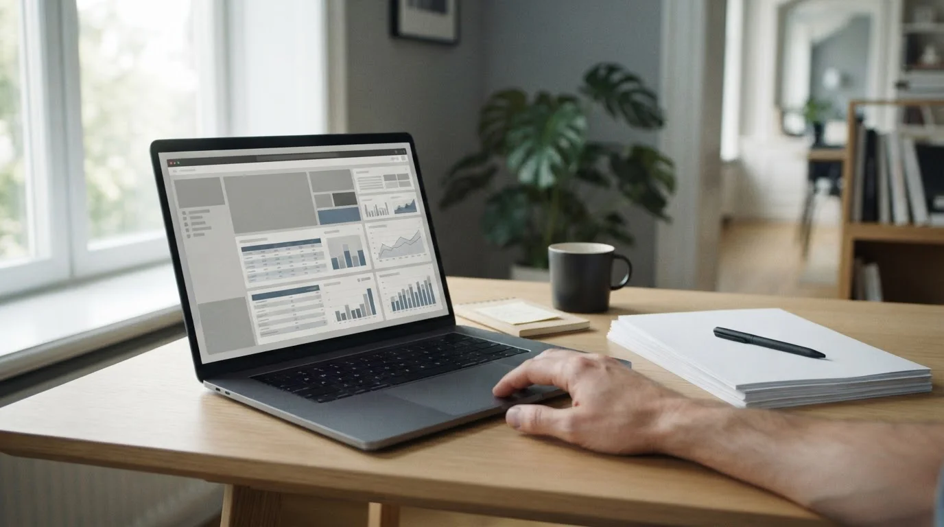 Neutraler Arbeitsplatz mit Laptop und Dokumenten zur Analyse von Wettanbietern ohne Limit
