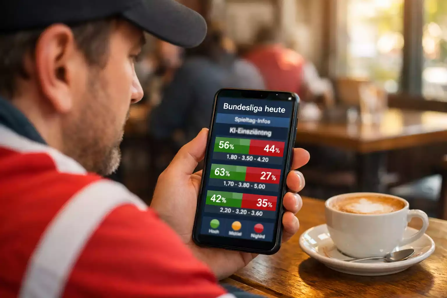 Fußballfan schaut auf sein Smartphone mit Spieltagsinformationen