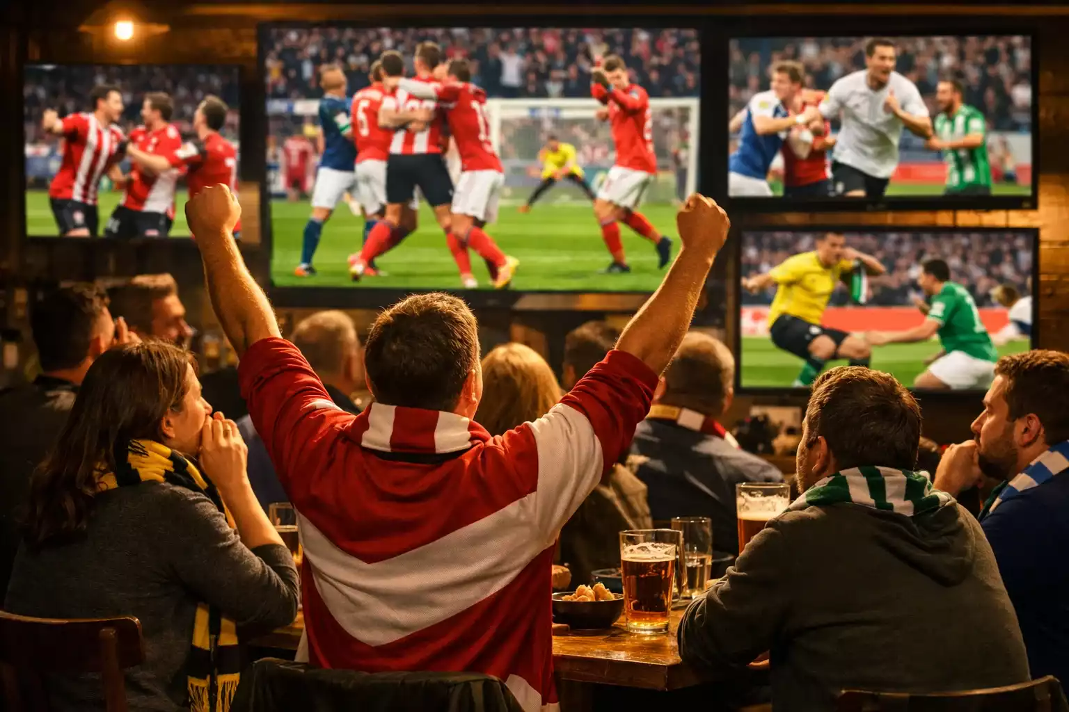 Fußballfans verfolgen die Bundesliga-Konferenz gemeinsam auf mehreren Bildschirmen