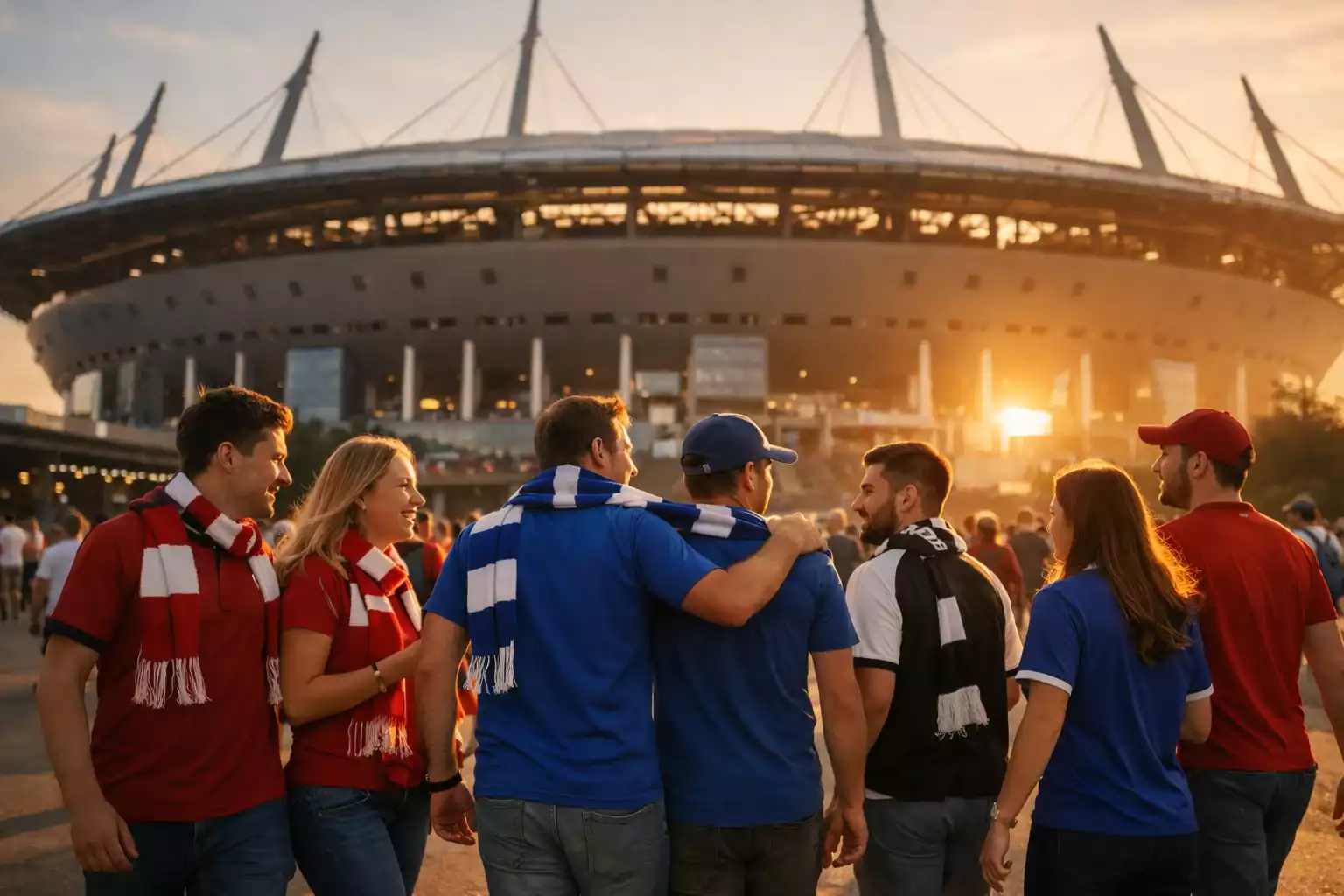Fußballfans auf dem Weg ins Stadion voller Vorfreude auf das morgige Spiel