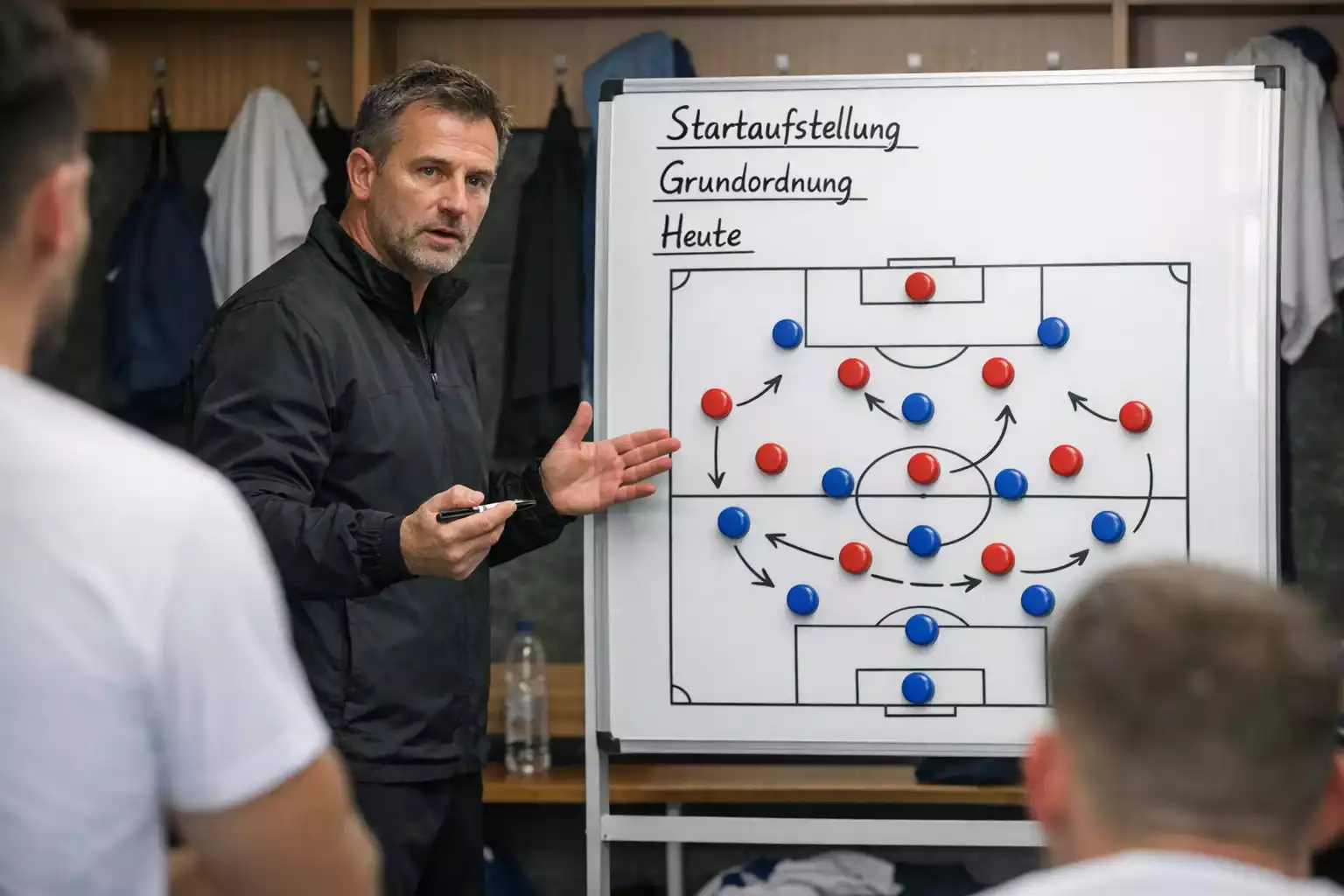 Fußballtrainer erklärt die Aufstellung am Taktikboard vor dem Spiel