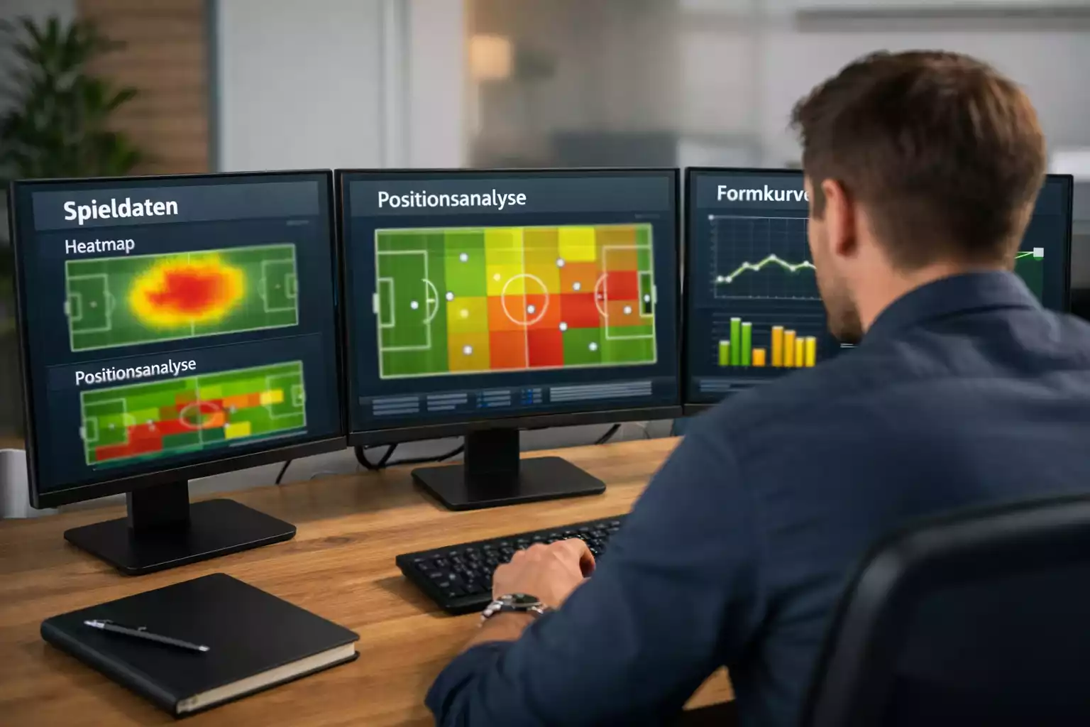 Analyst betrachtet mehrere Bildschirme mit Fußballstatistiken und Heatmaps in einem modernen Büro