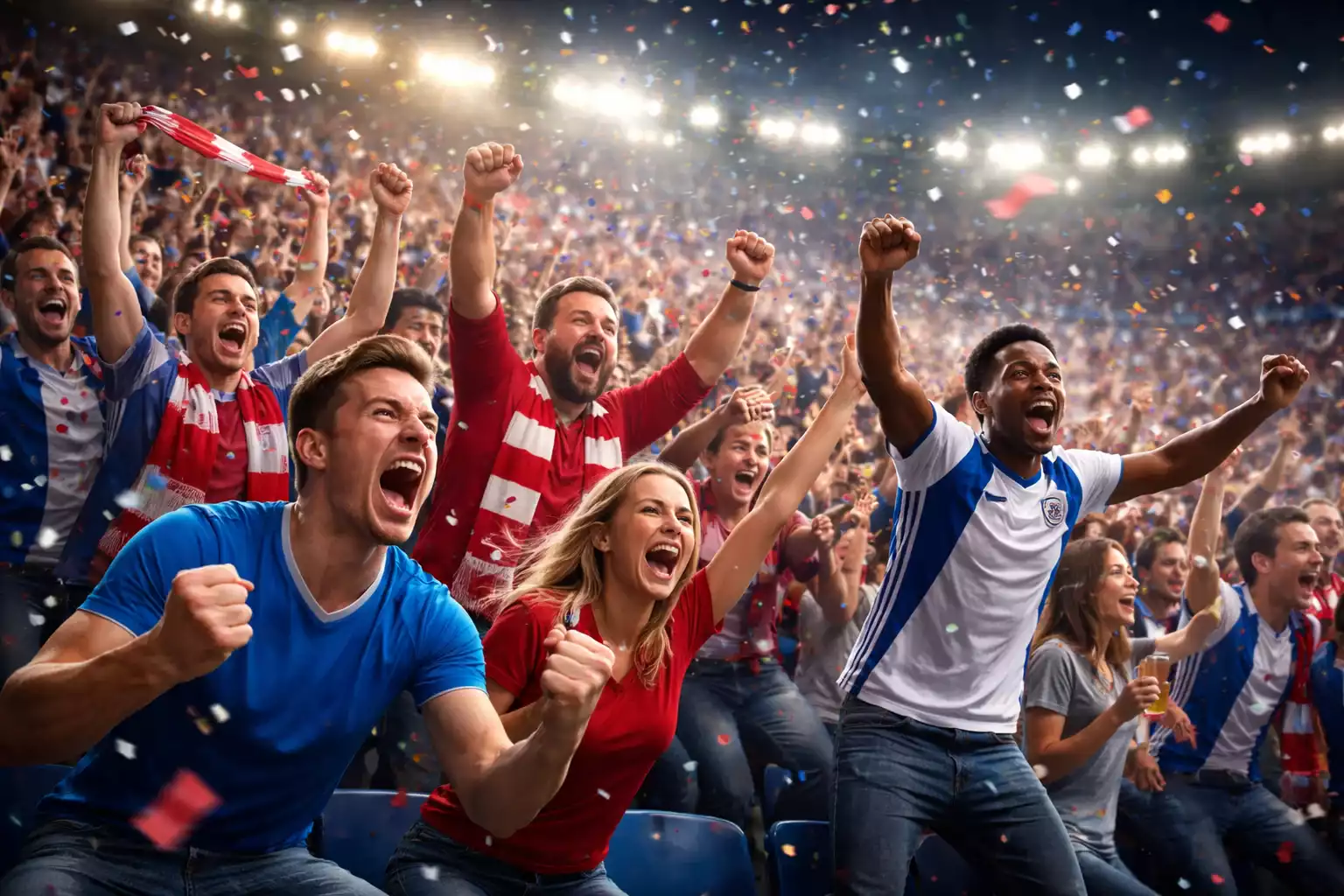 Begeisterte Fußballfans feiern ein Tor im Stadion