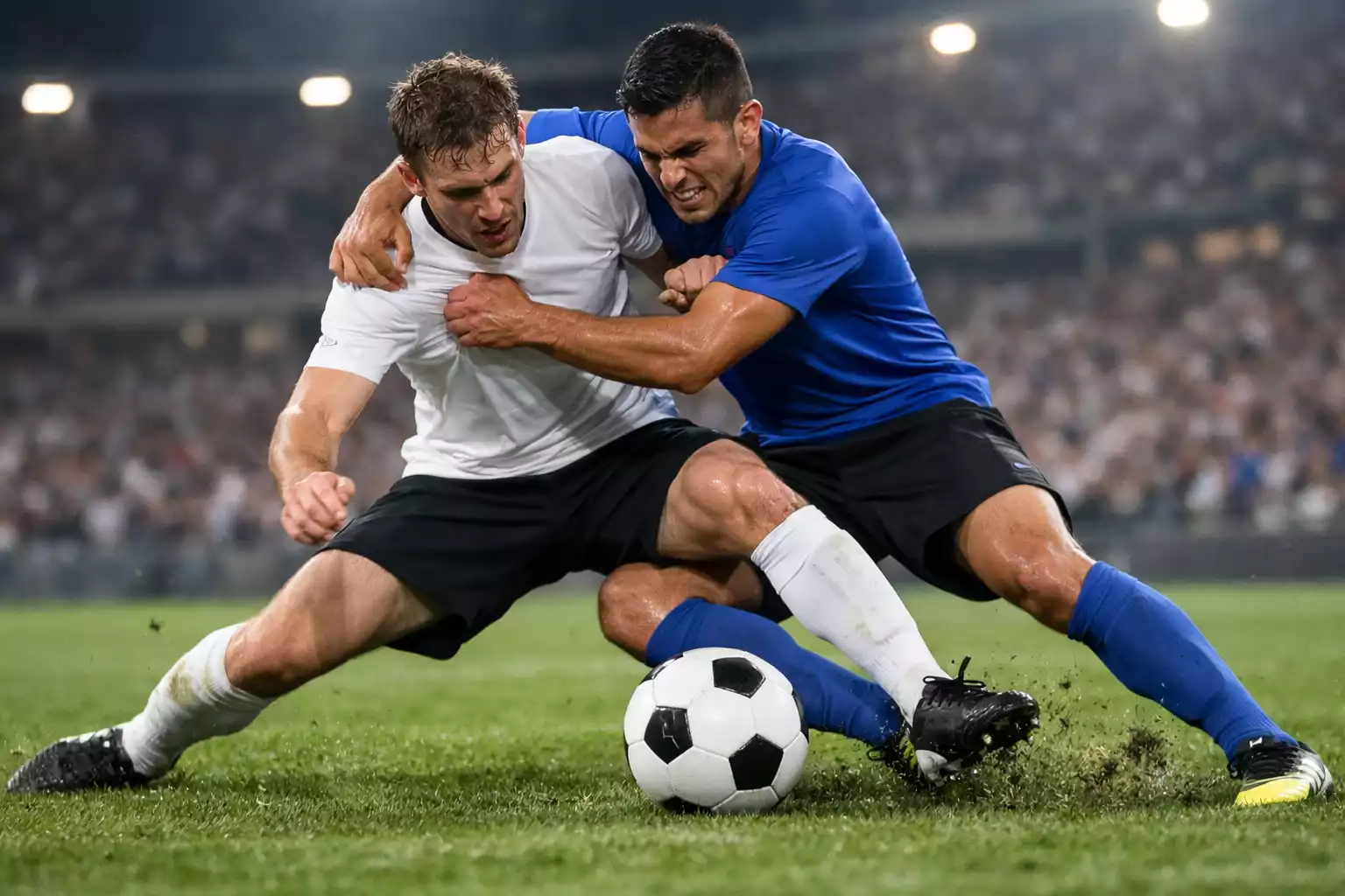 Zweikampf zweier Fußballspieler auf dem Rasen während eines Bundesligaspiels