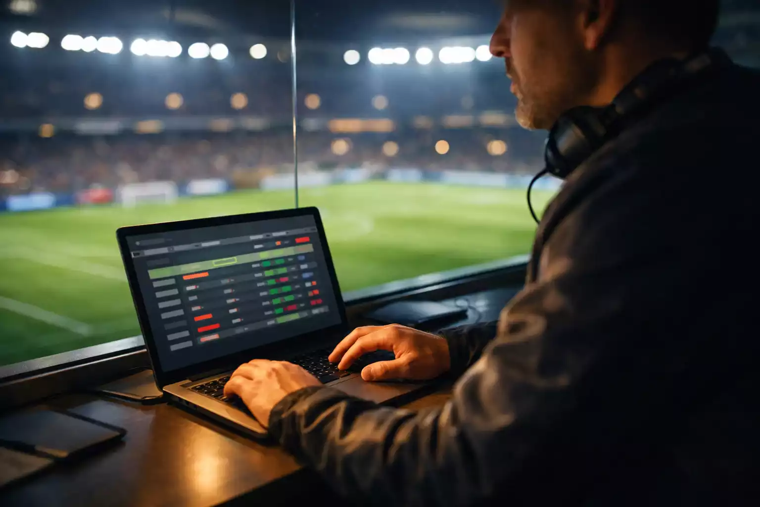 Fußballstadion bei Flutlicht mit einem Analysten der auf einem Laptop Spielstatistiken betrachtet