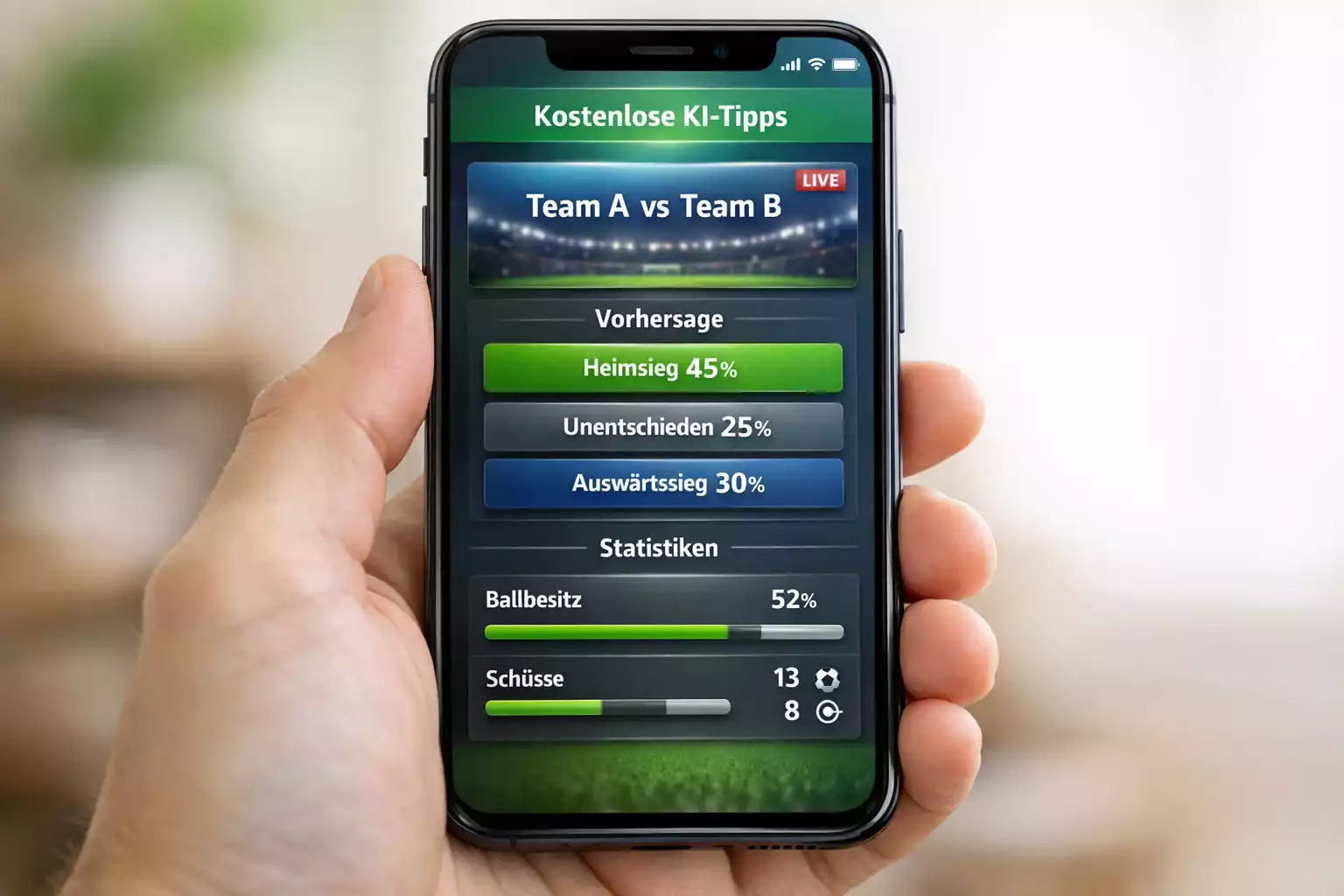 Smartphone zeigt kostenlose Fußball-Analyse-App mit Statistiken