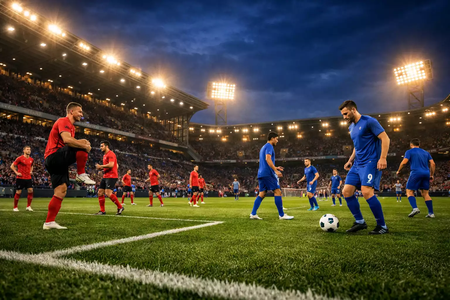Fußballstadion bei Flutlicht mit Spielern auf dem Rasen vor dem Anpfiff