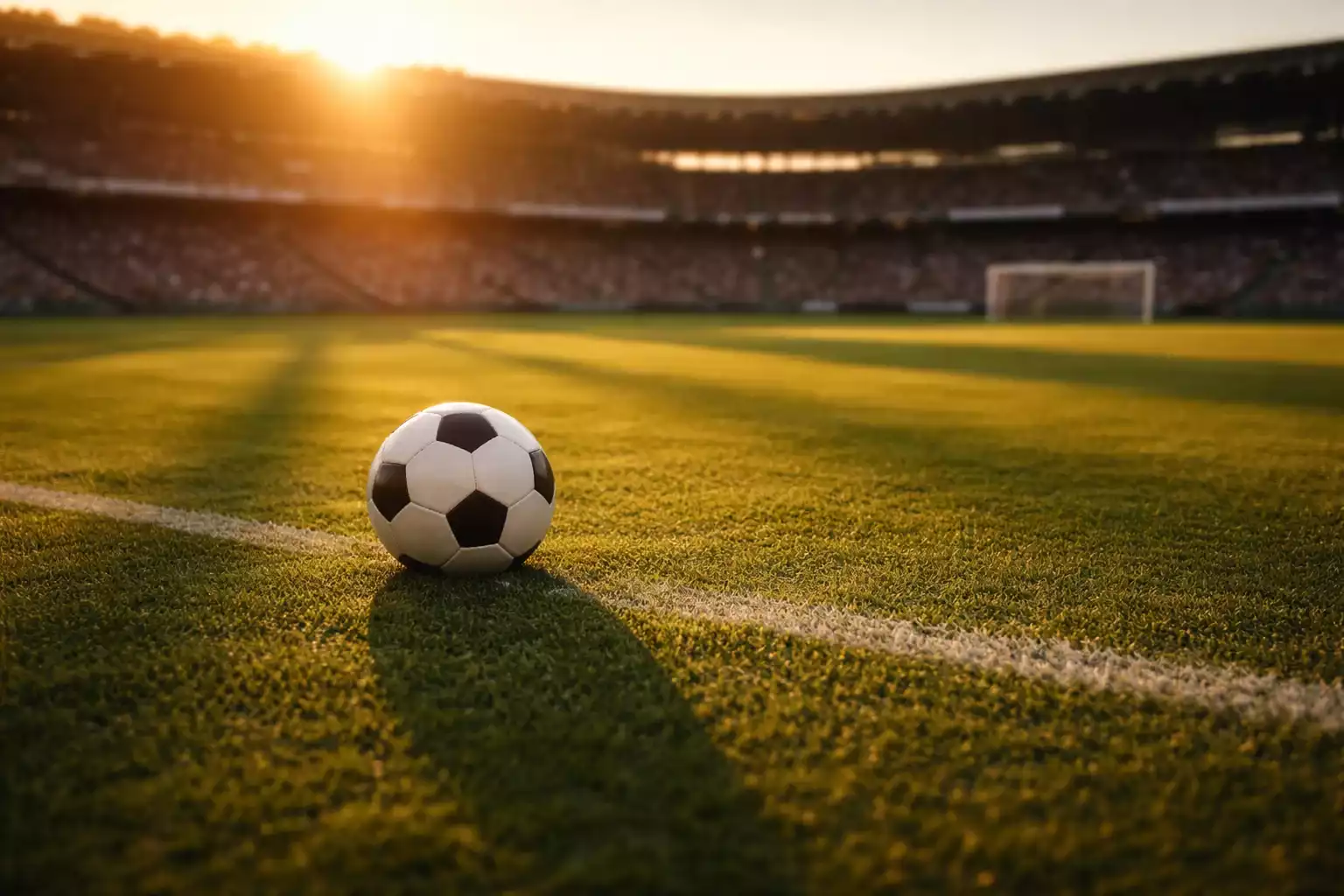 Fußball auf dem Rasen eines leeren Stadions im Abendlicht