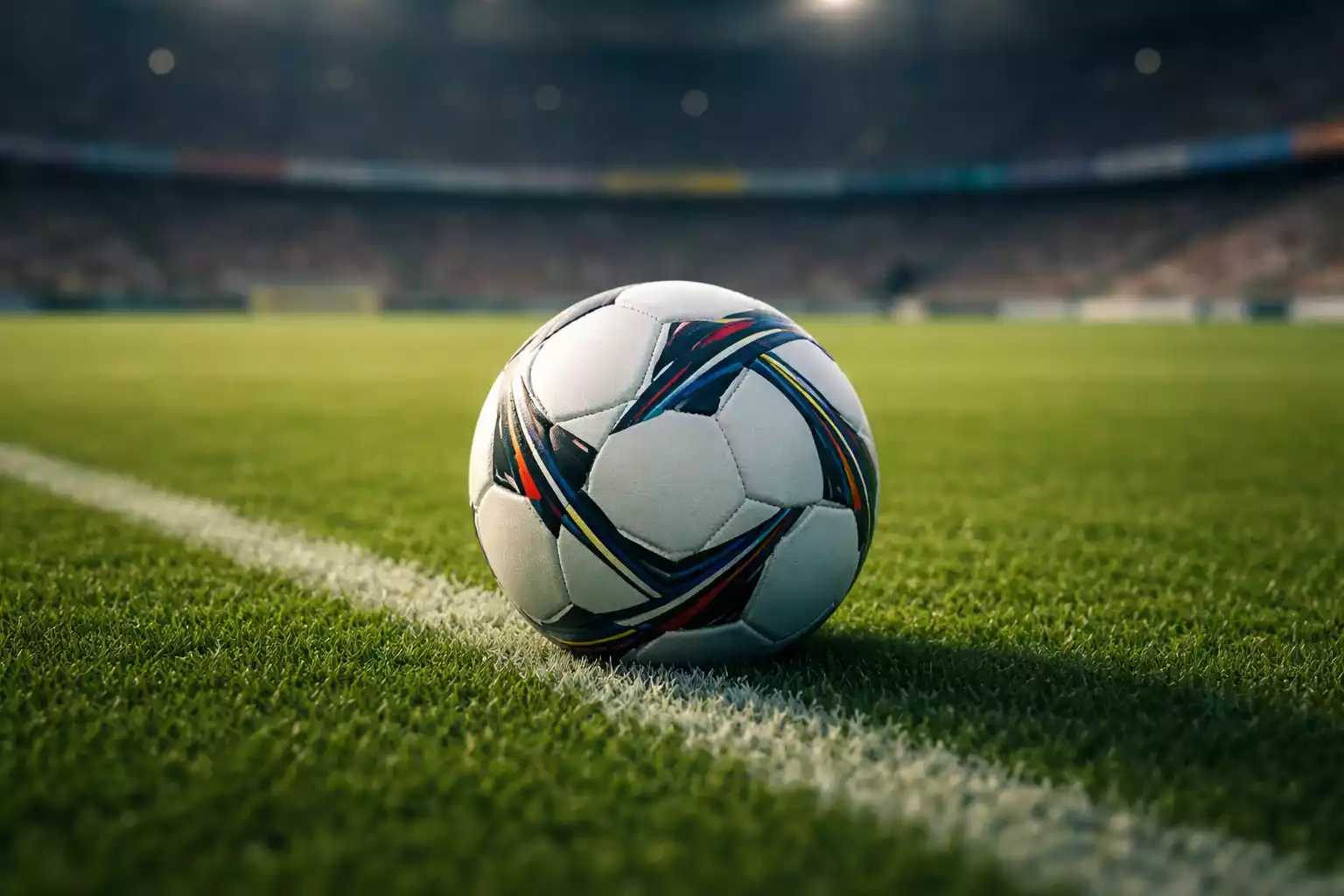 Fußball auf grünem Rasen mit statistischen Diagrammen im Hintergrund