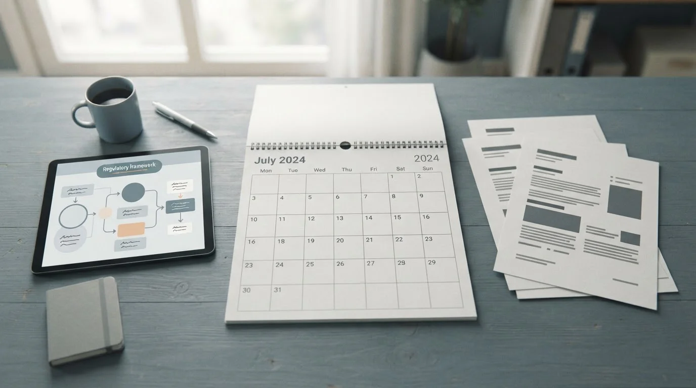 Kalender zeigt Juli 2024 neben Dokumenten zu Zahlungsregeln