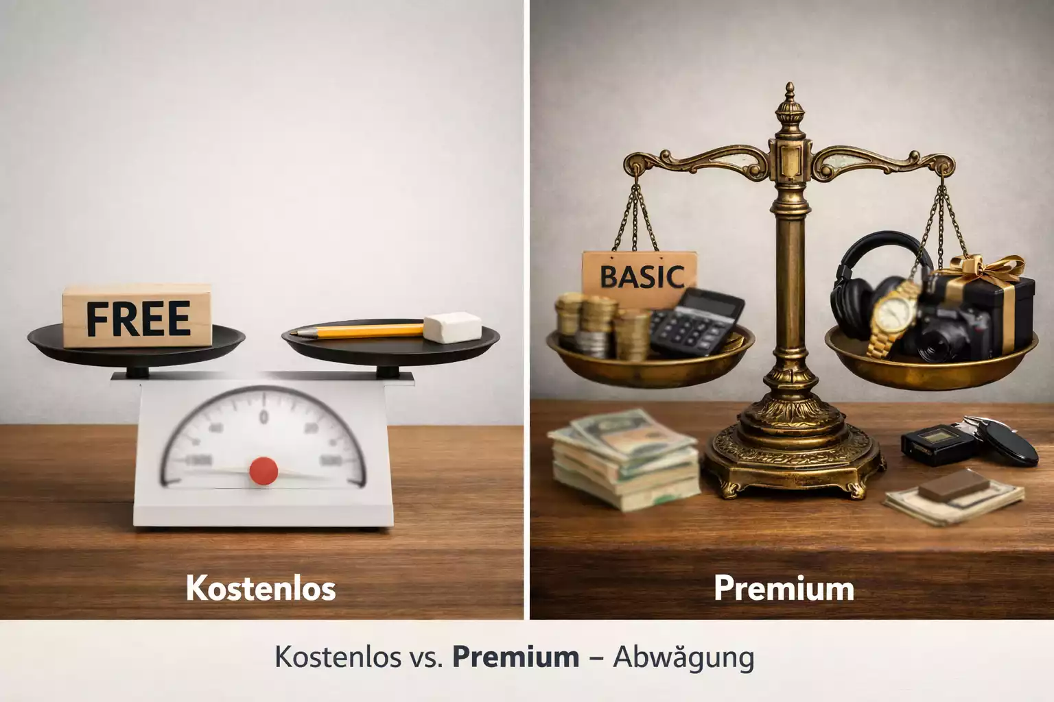Symbolische Waage zeigt Abwägung zwischen kostenlosen und kostenpflichtigen Diensten
