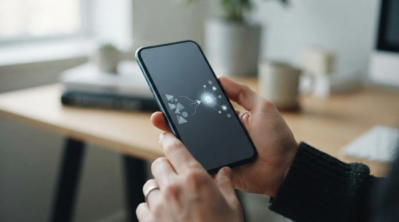 Smartphone zeigt abstraktes Transaktions-Interface für digitale Zahlungen