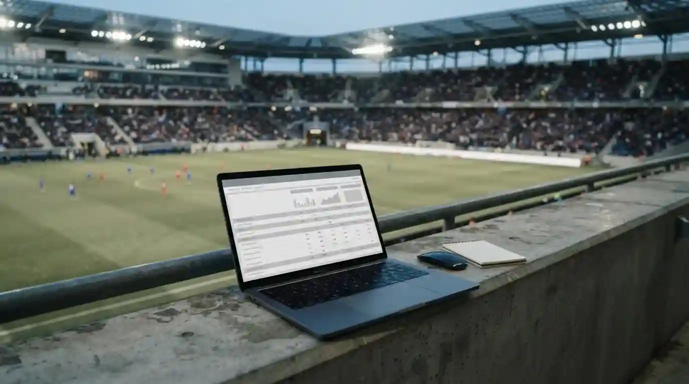 Fußballstadion und Laptop mit abstrakten Wettquoten-Vergleichen für La Liga