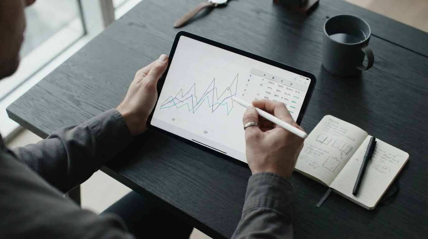 Hands analysieren Langzeitstatistik von Wetteinsätzen auf Tablet mit neutraler Tabelle