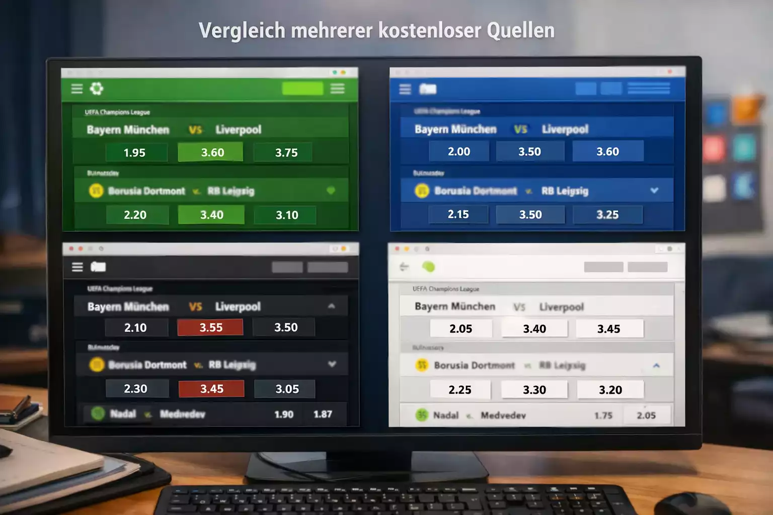 Mehrere Browserfenster mit verschiedenen Fußball-Statistikseiten nebeneinander