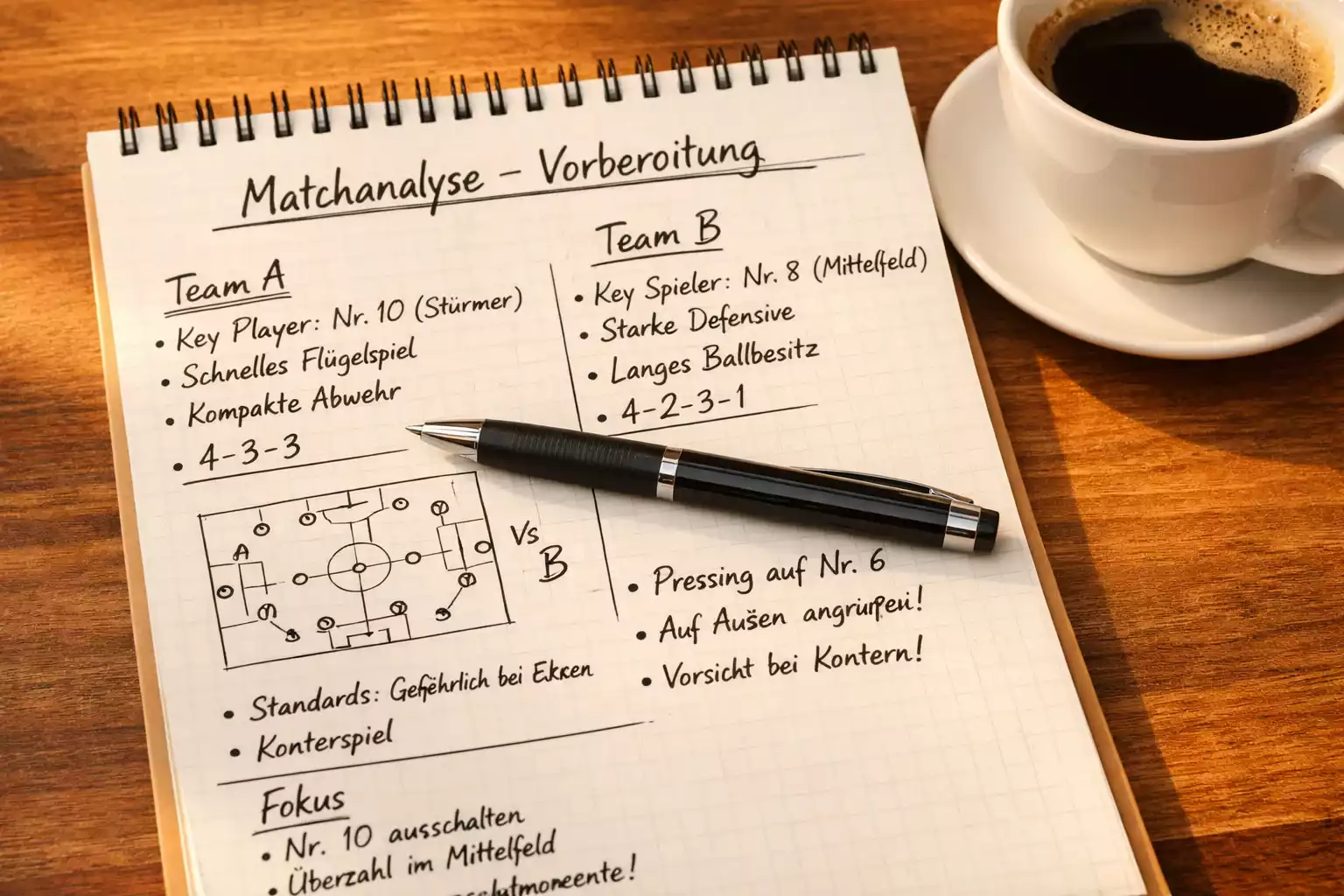 Handgeschriebene Notizen zur Spielanalyse neben einer Tasse Kaffee