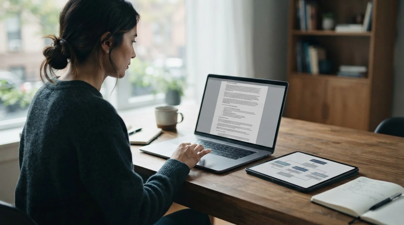 Person prüft Regulierungsdokumente am Laptop mit Blick auf deutsche Glücksspielgesetze