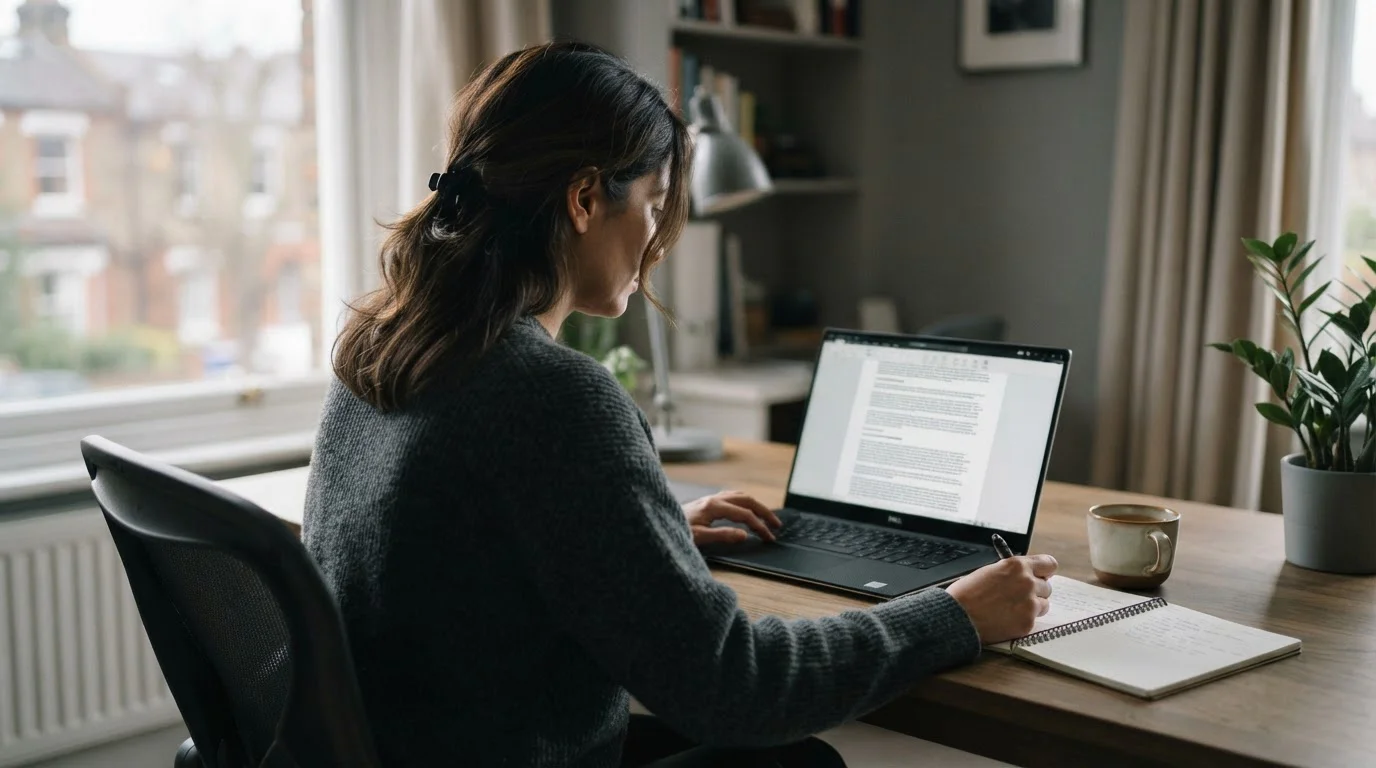 Person liest regulatorische Informationen auf Laptop-Bildschirm