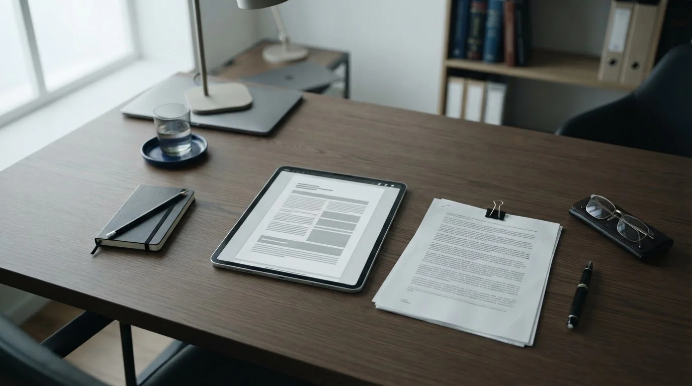 Offizielle Dokumente und Tablet mit Gesetzestexten auf einem Schreibtisch