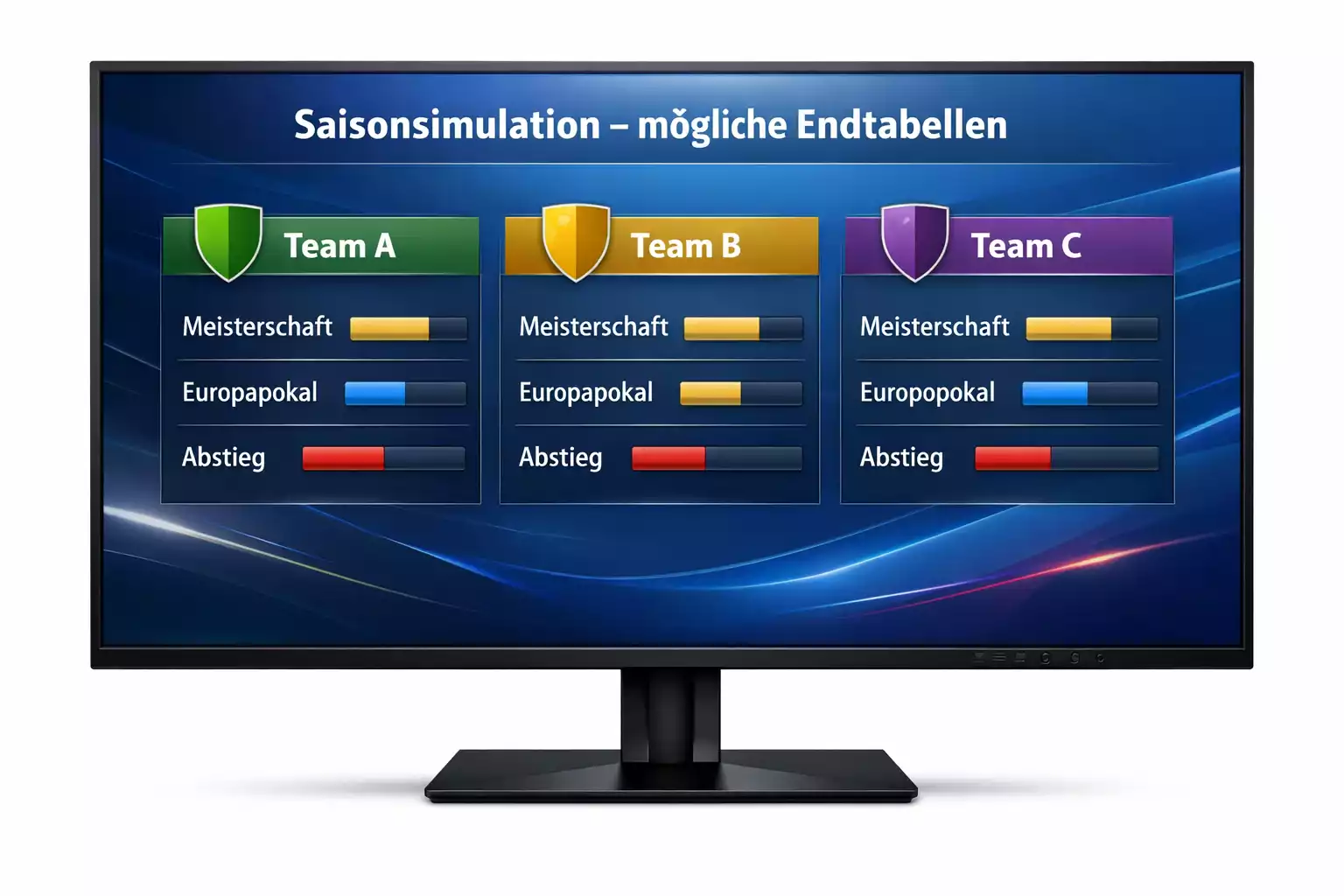 Visualisierung einer Saisonsimulation mit verschiedenen Tabellenendständen