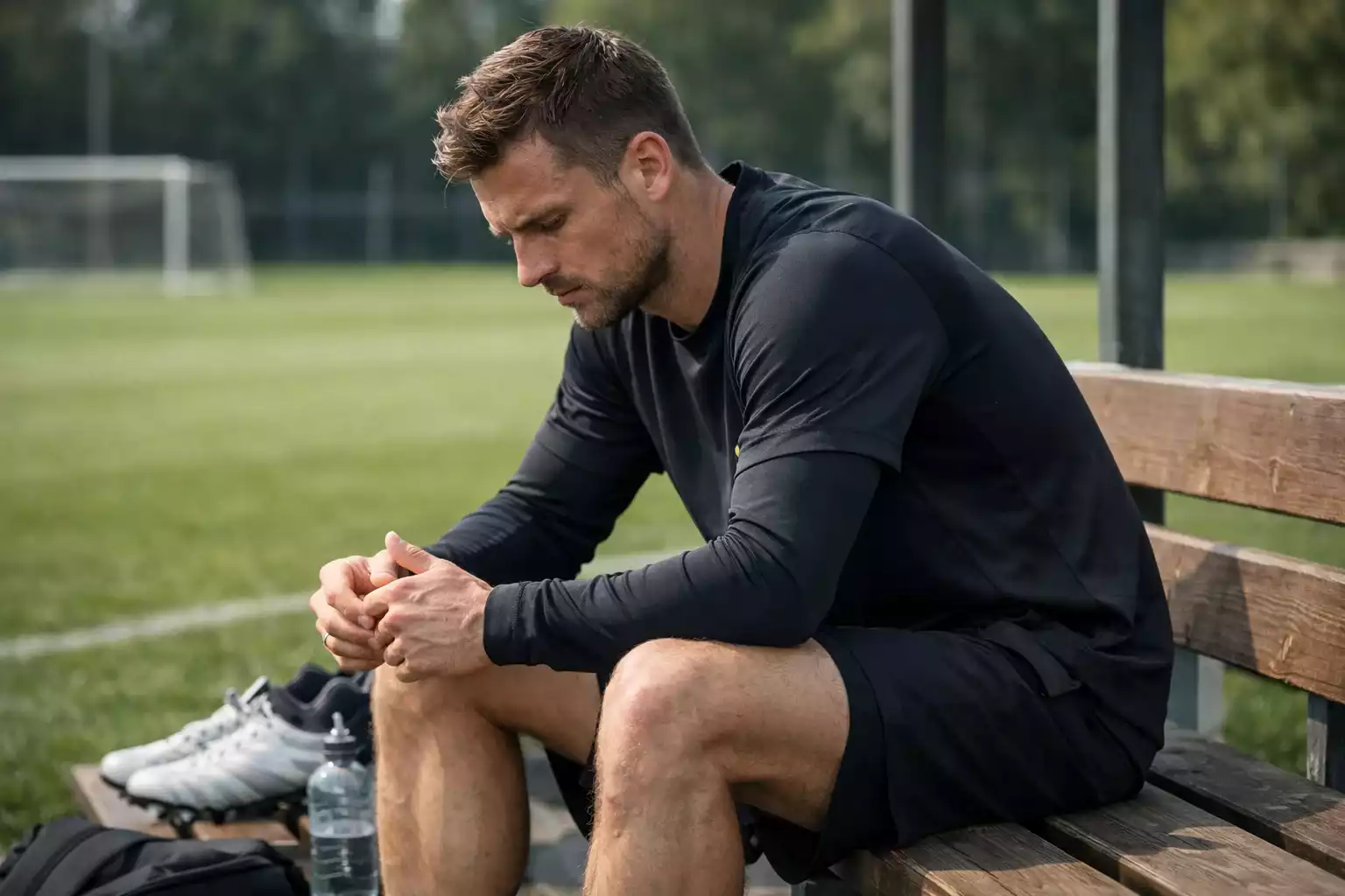 Fußballspieler konzentriert sich vor dem Training am Vortag eines wichtigen Spiels