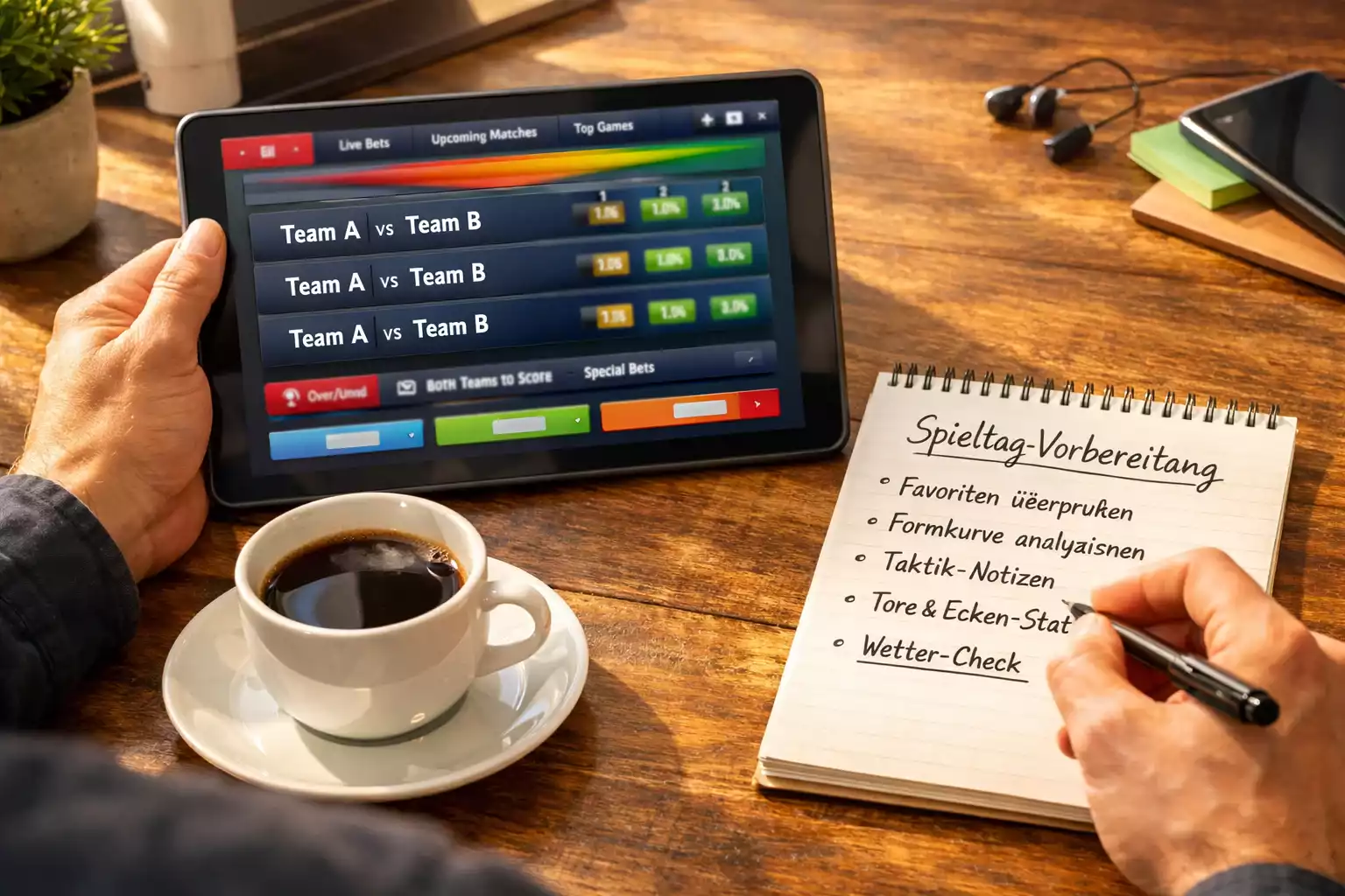 Person bereitet sich mit Notizen und Tablet auf den Bundesliga-Spieltag vor