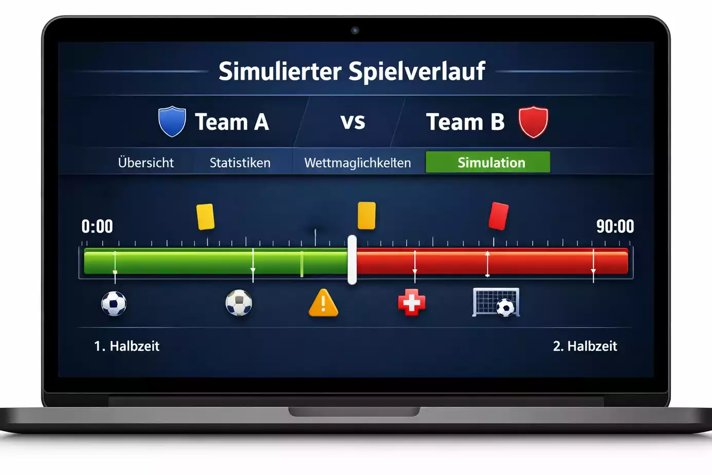 Zeitlicher Ablauf einer Spielsimulation mit Ereignissen in verschiedenen Spielminuten