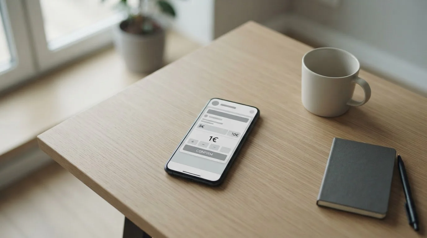 Smartphone mit neutraler Wett-App und minimalem Einzahlungsbetrag auf einem aufgeräumten Schreibtisch