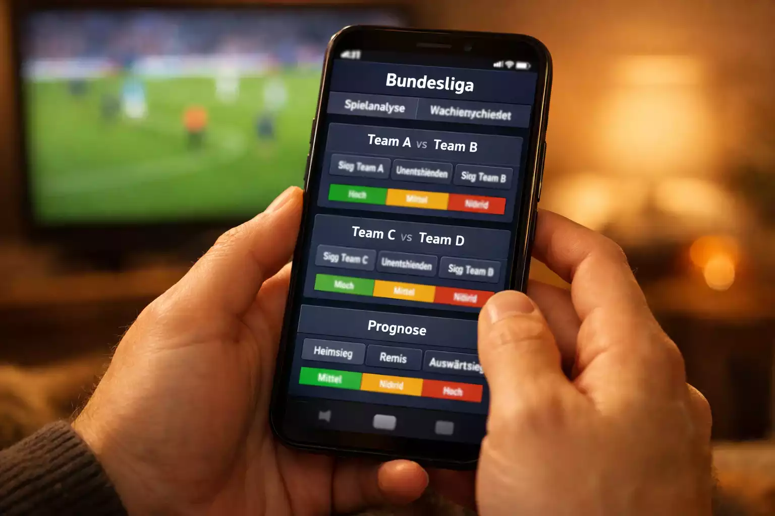 Person nutzt eine Sportwetten-App auf dem Smartphone während im Hintergrund ein Fußballspiel auf dem Fernseher läuft