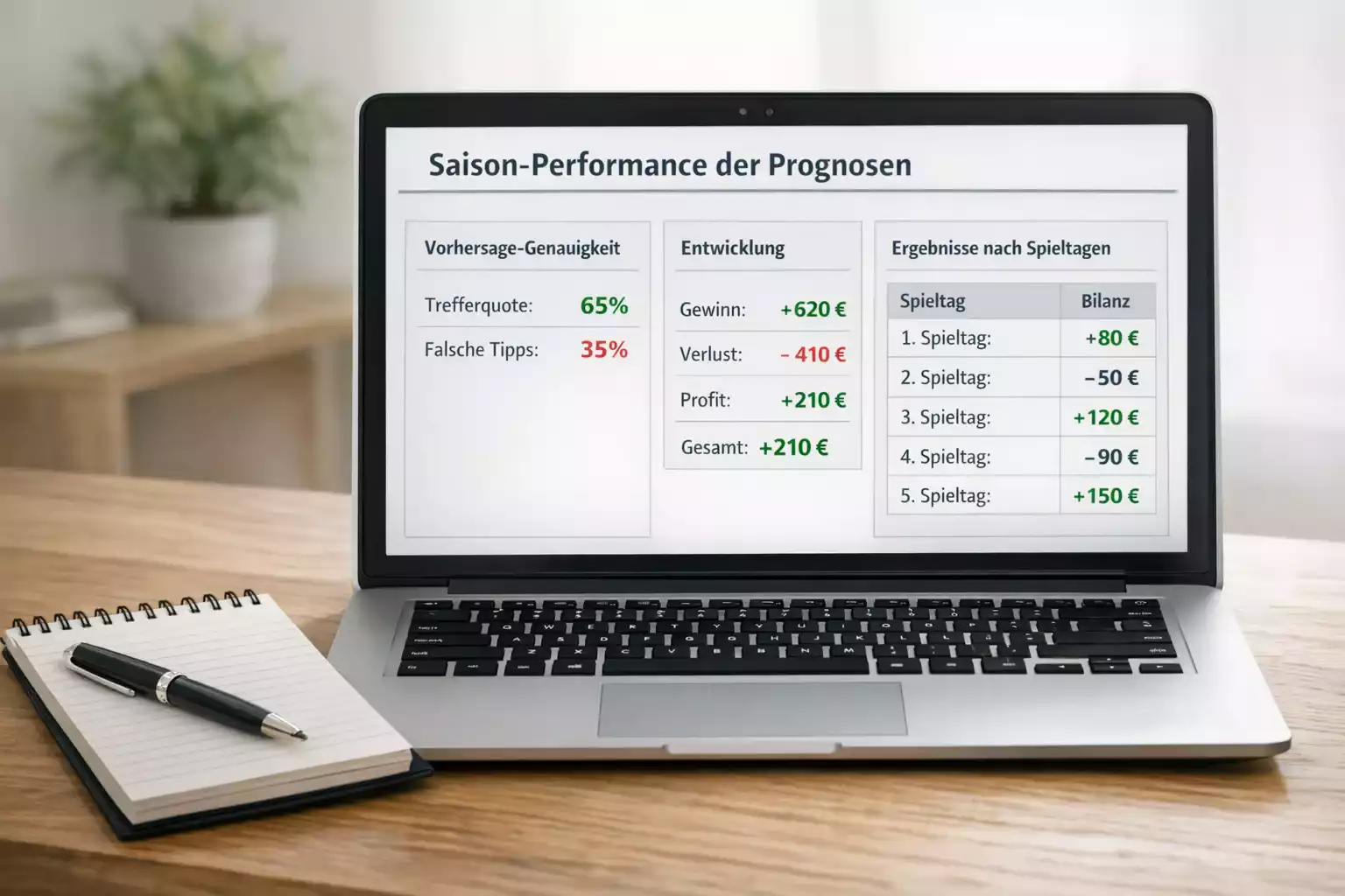 Detaillierte Saisonstatistik mit Trefferquoten auf einem Laptop