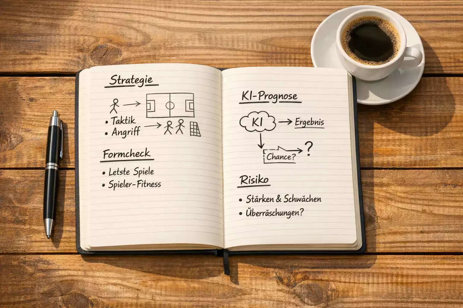 Aufgeschlagenes Notizbuch mit handschriftlichen Analysen und Statistiken neben einer Tasse Kaffee auf einem Holztisch