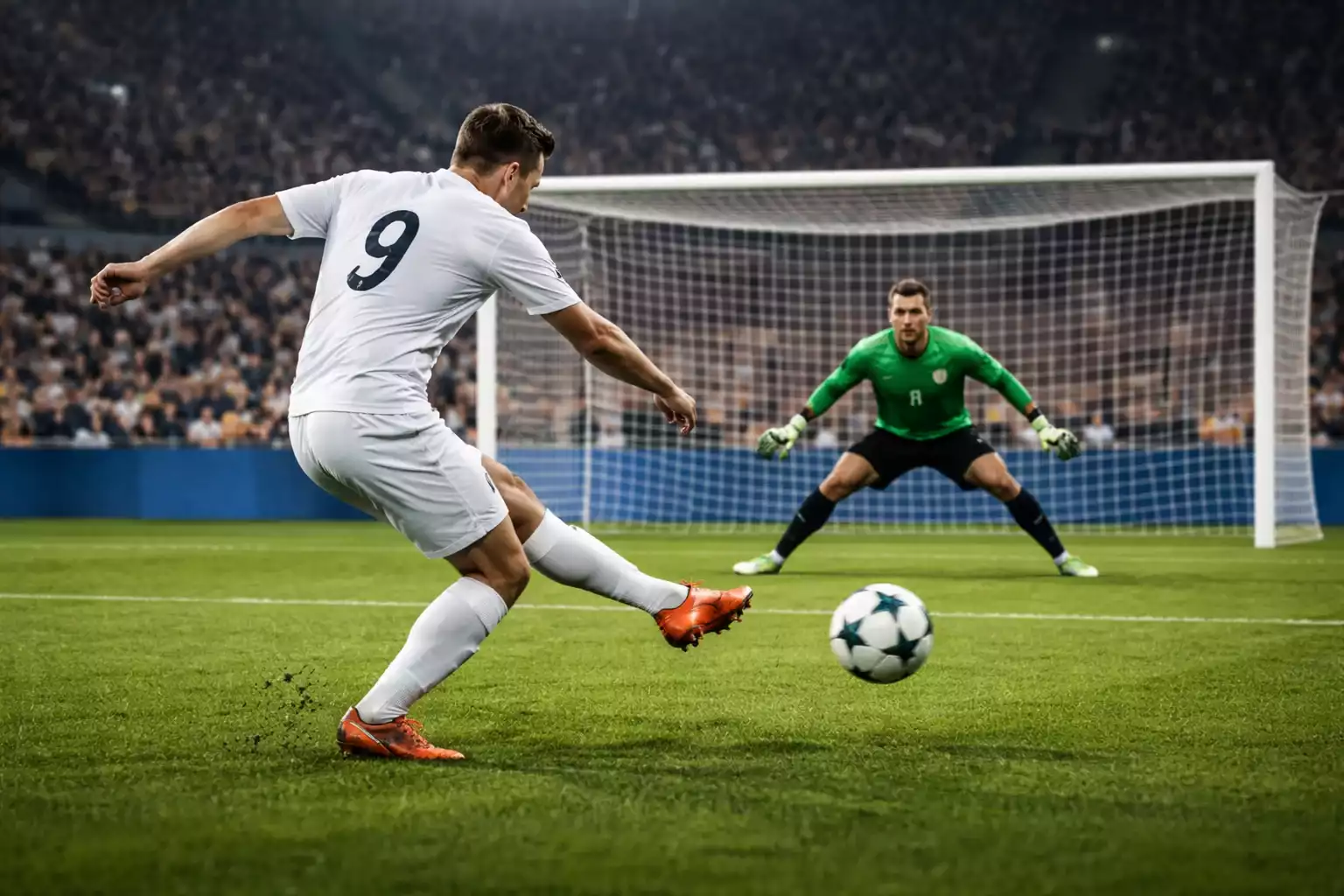 Fußballstürmer beim Torschuss im Strafraum